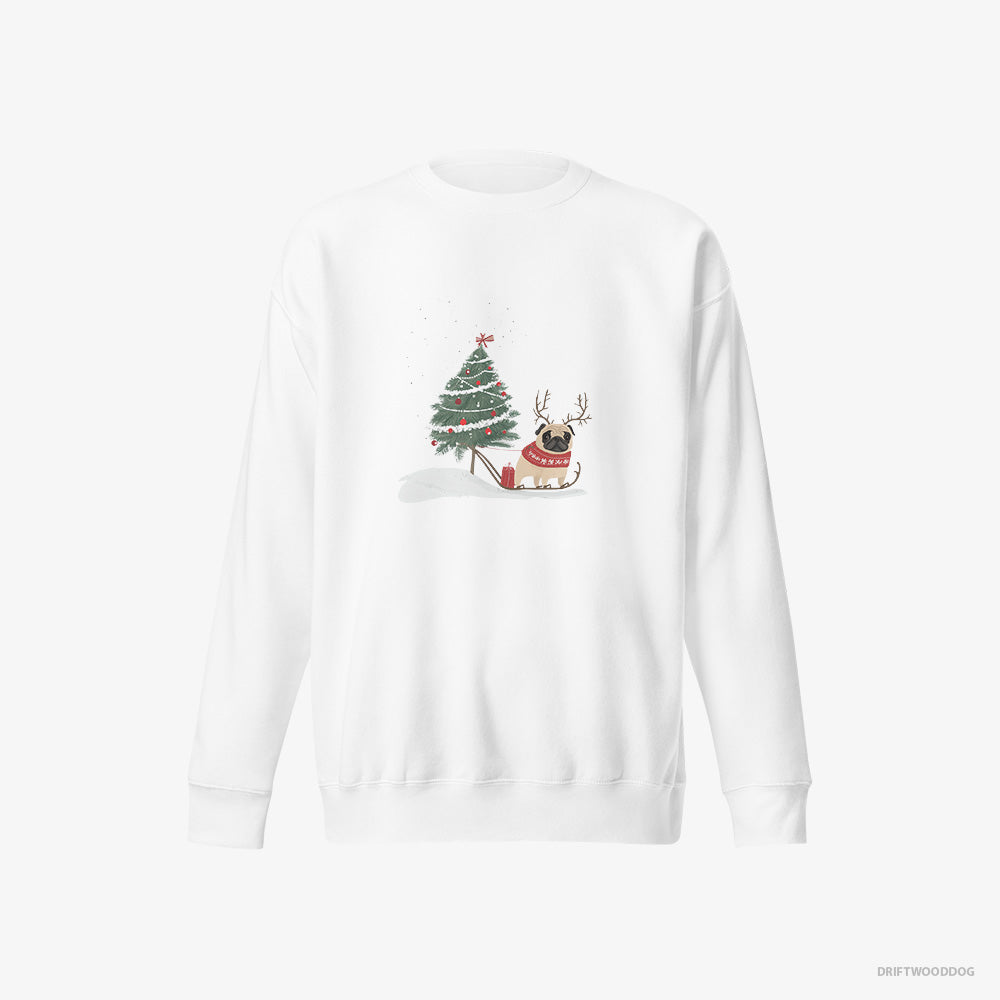 Pug Sweatshirt – Men White Sweatshirt Eco-Friendly – Dragging a Christmas Tree (on White Background)