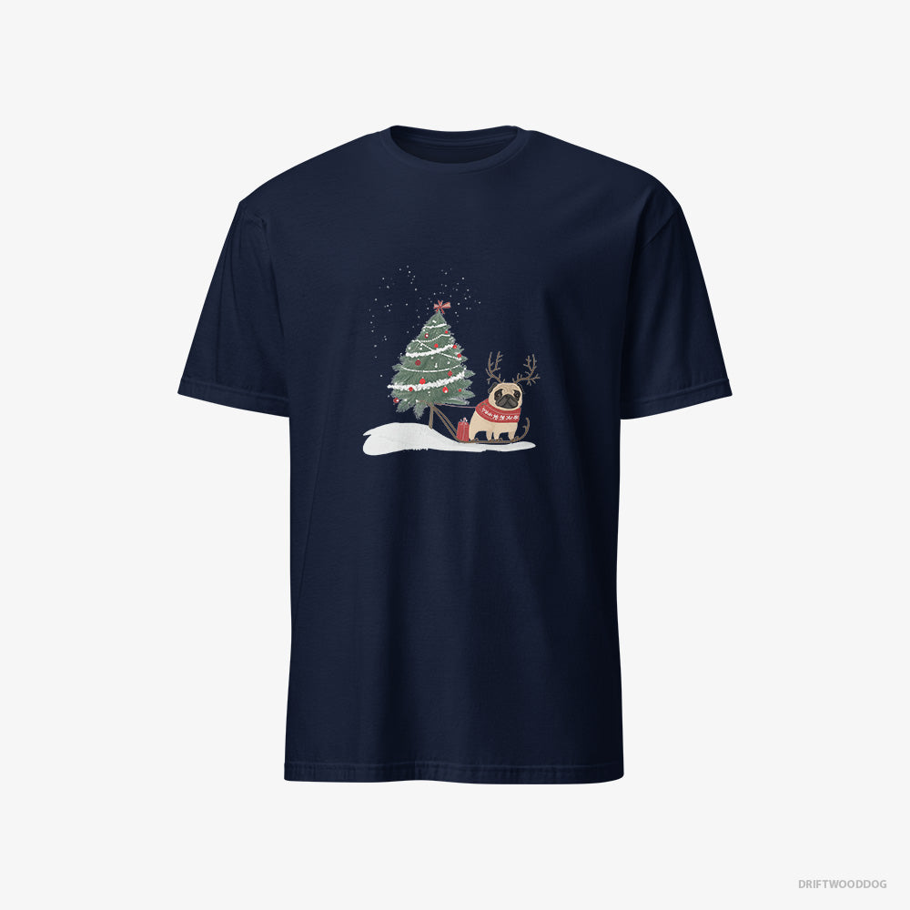 Pug T-Shirt – Men Navy T-Shirt Classic – Dragging a Christmas Tree (on White Background)