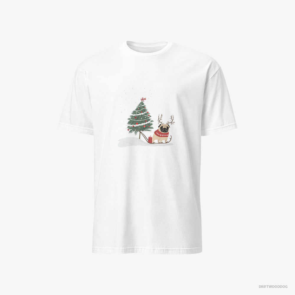 Pug T-Shirt – Men White T-Shirt Classic – Dragging a Christmas Tree (on White Background)