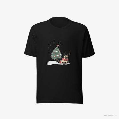 Pug Dragging a Christmas Tree Black T-Shirt