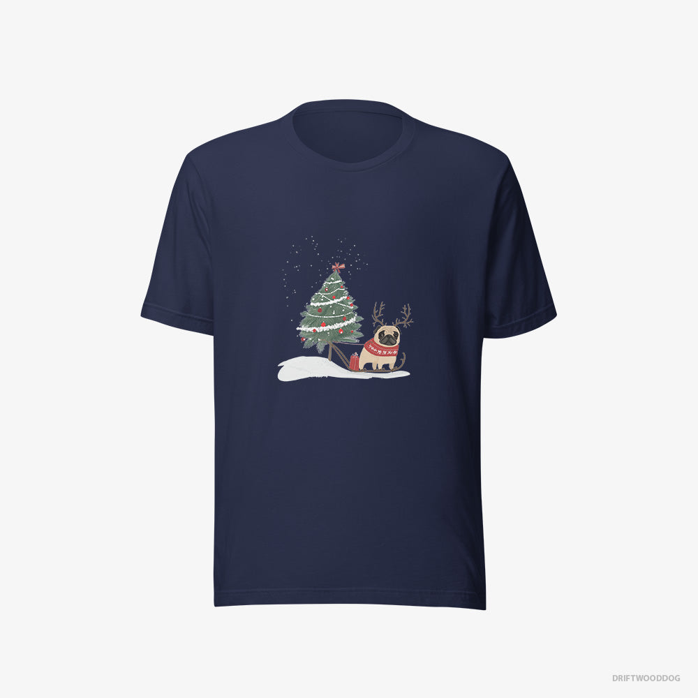 Pug T-Shirt – Women Navy T-Shirt Eco-Friendly – Dragging a Christmas Tree (on White Background)