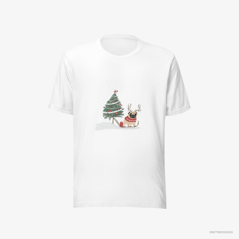 Pug T-Shirt – Men White T-Shirt Eco-Friendly – Dragging a Christmas Tree (on White Background)