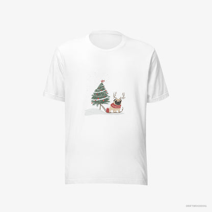 Pug T-Shirt – Men White T-Shirt Eco-Friendly – Dragging a Christmas Tree (on White Background)