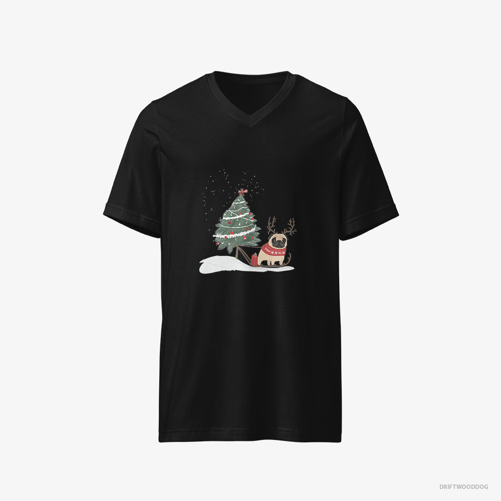 Pug T-Shirt – Men Black T-Shirt V-Neck – Dragging a Christmas Tree (on White Background)