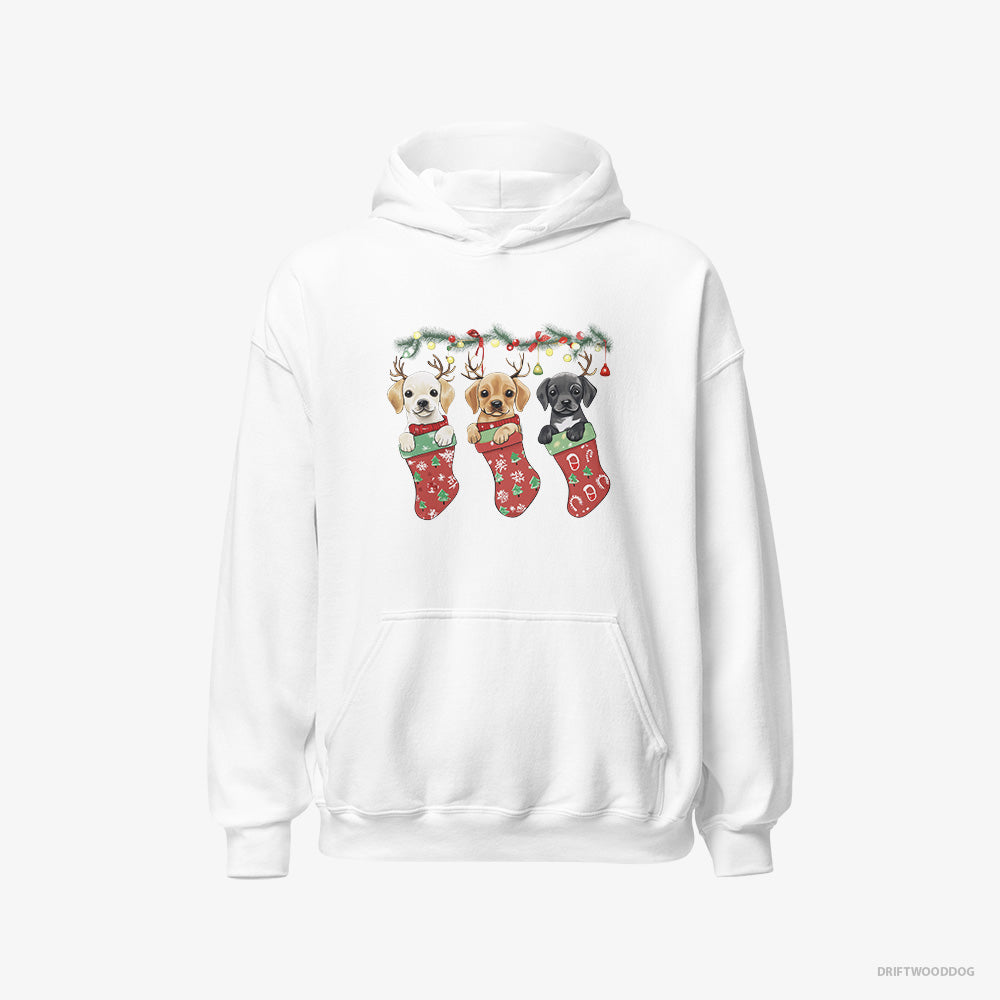 Labrador Retriever Hoodie – Men White Hoodie Classic – Puppies Cuddled in Christmas Stockings (on White Background)