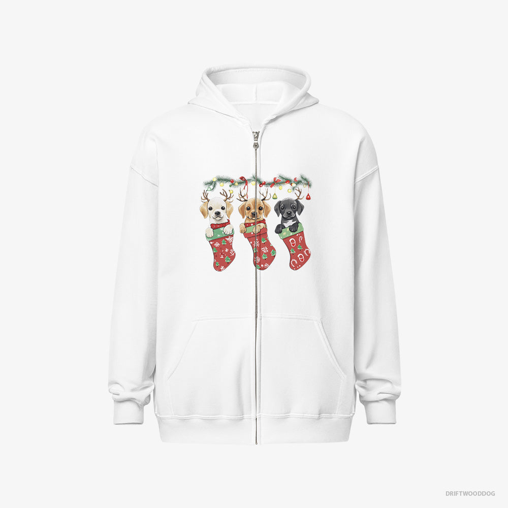 Labrador Retriever Hoodie – Men White Hoodie Full-Zip – Puppies Cuddled in Christmas Stockings (on White Background)