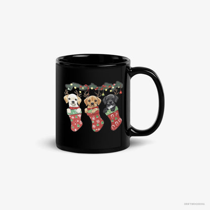 Labrador Retriever Mug – Unisex Black Mug Classic – Puppies Cuddled in Christmas Stockings (on White Background)