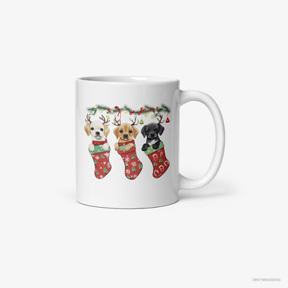 Labrador Retriever Puppies Cuddled in Christmas Stockings White Mug