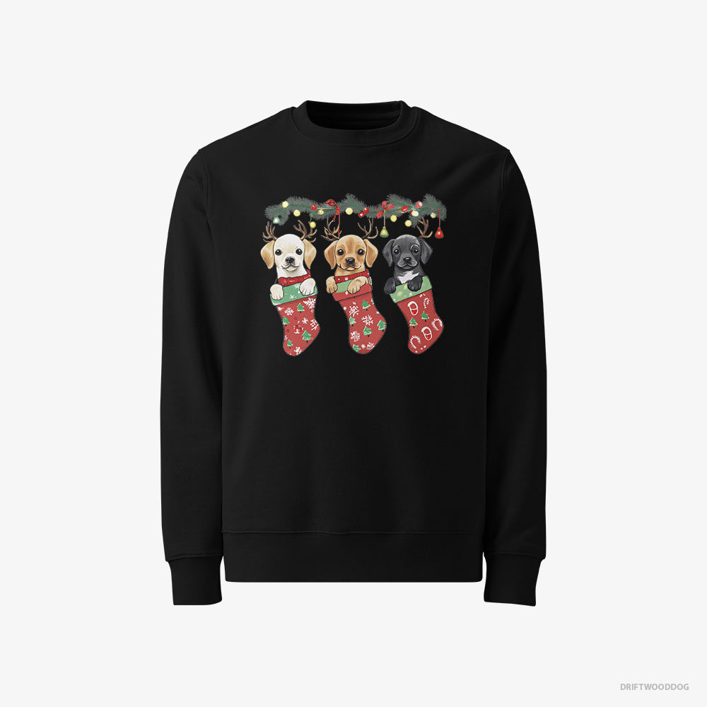 Labrador Retriever Sweatshirt – Men Black Sweatshirt Classic – Puppies Cuddled in Christmas Stockings (on White Background)