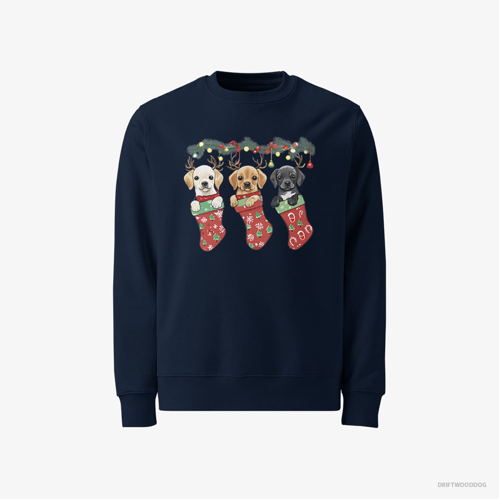 Labrador Retriever Sweatshirt – Men Navy Sweatshirt Classic – Puppies Cuddled in Christmas Stockings (on White Background)