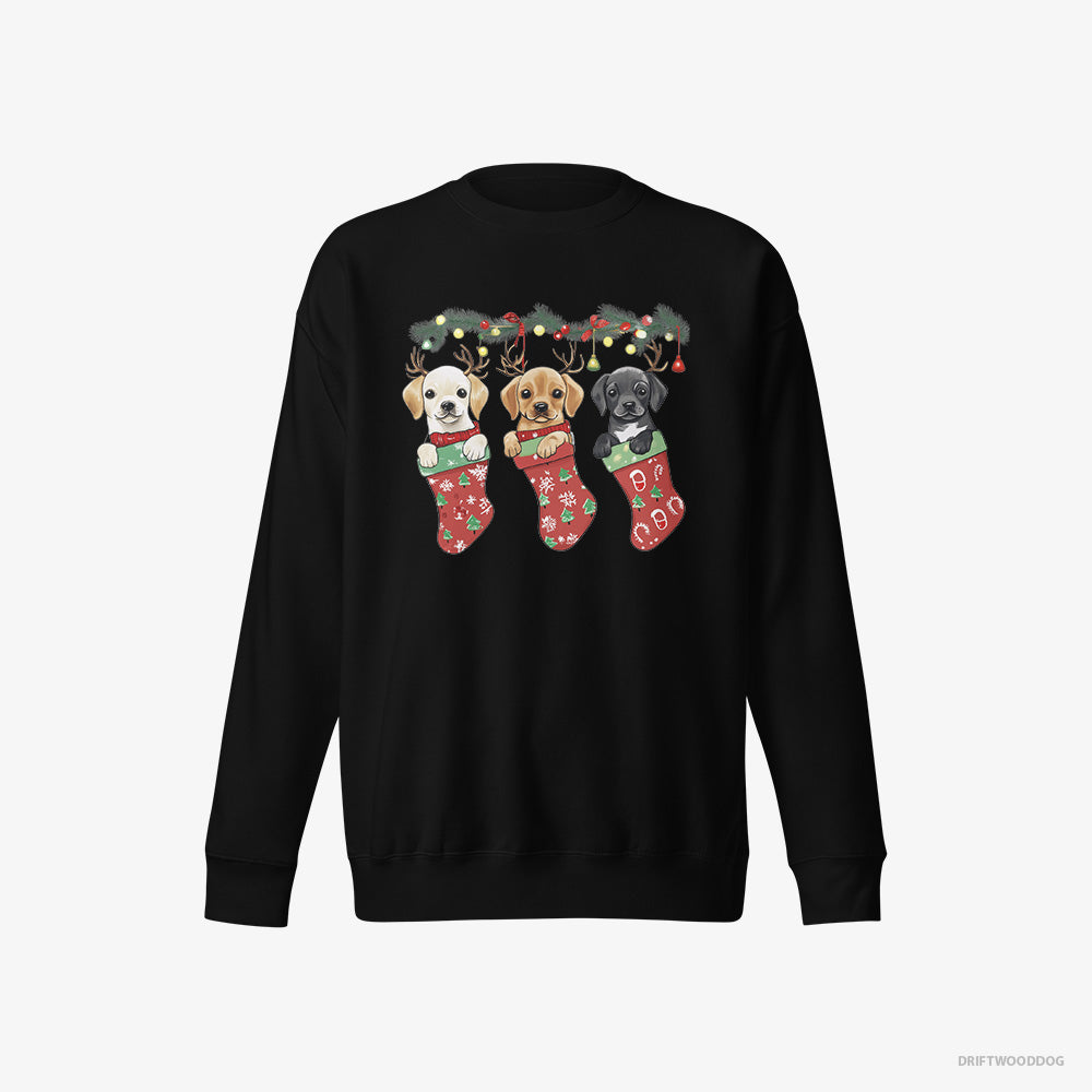 Labrador Retriever Sweatshirt – Men Black Sweatshirt Eco-Friendly – Puppies Cuddled in Christmas Stockings (on White Background)