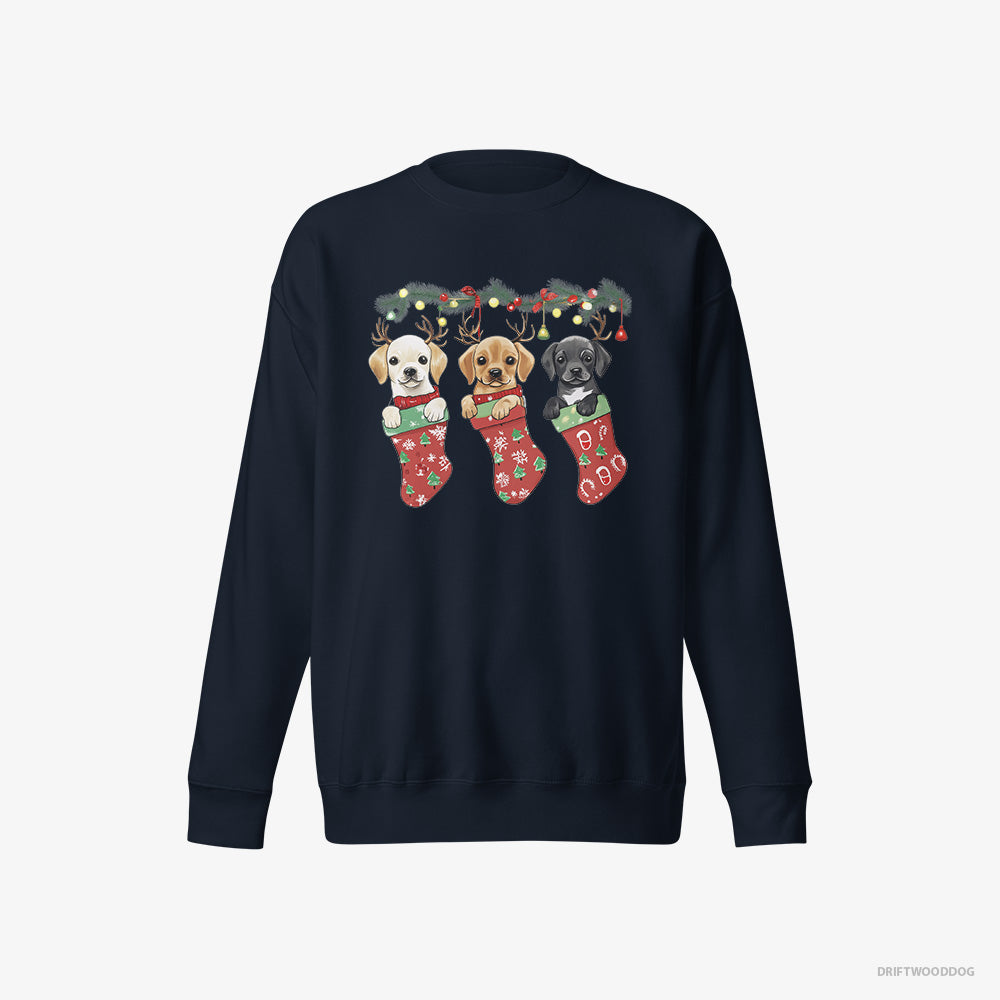 Labrador Retriever Sweatshirt – Men Navy Sweatshirt Eco-Friendly – Puppies Cuddled in Christmas Stockings (on White Background)