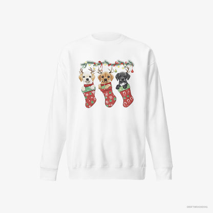 Labrador Retriever Puppies Cuddled in Christmas Stockings White Sweatshirt