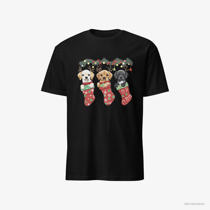 Labrador Retriever Puppies Cuddled in Christmas Stockings Black T-Shirt