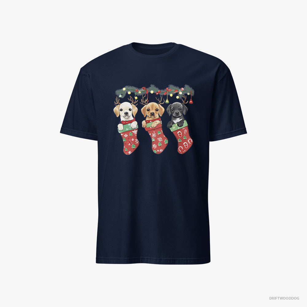 Labrador Retriever T-Shirt – Men Navy T-Shirt Classic – Puppies Cuddled in Christmas Stockings (on White Background)