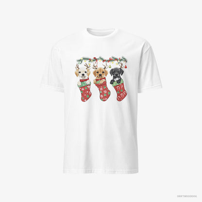 Labrador Retriever T-Shirt – Men White T-Shirt Classic – Puppies Cuddled in Christmas Stockings (on White Background)