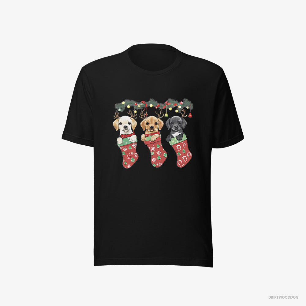 Labrador Retriever T-Shirt – Men Black T-Shirt Eco-Friendly – Puppies Cuddled in Christmas Stockings (on White Background)