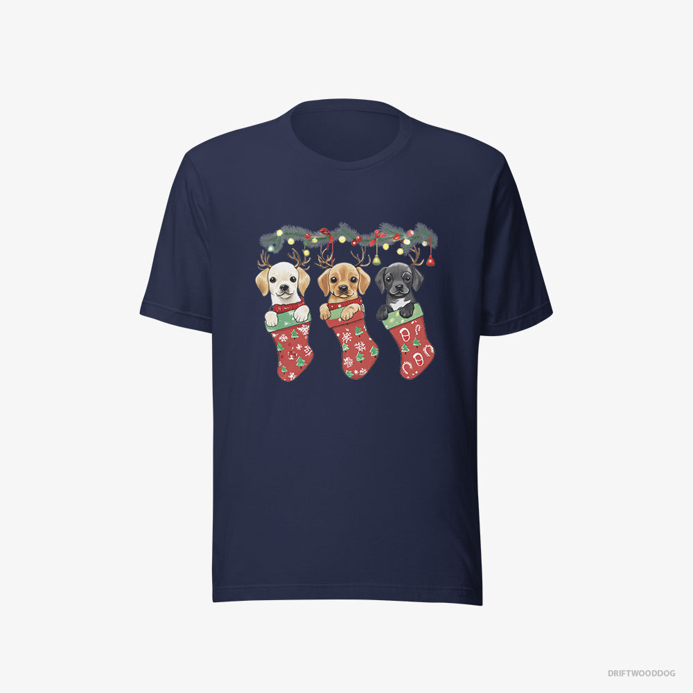 Labrador Retriever T-Shirt – Men Navy T-Shirt Eco-Friendly – Puppies Cuddled in Christmas Stockings (on White Background)