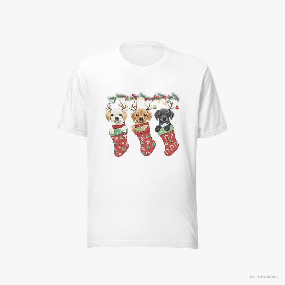 Labrador Retriever T-Shirt – Women White T-Shirt Eco-Friendly – Puppies Cuddled in Christmas Stockings (on White Background)