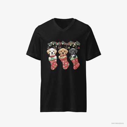 Labrador Retriever T-Shirt – Men Black T-Shirt V-Neck – Puppies Cuddled in Christmas Stockings (on White Background)