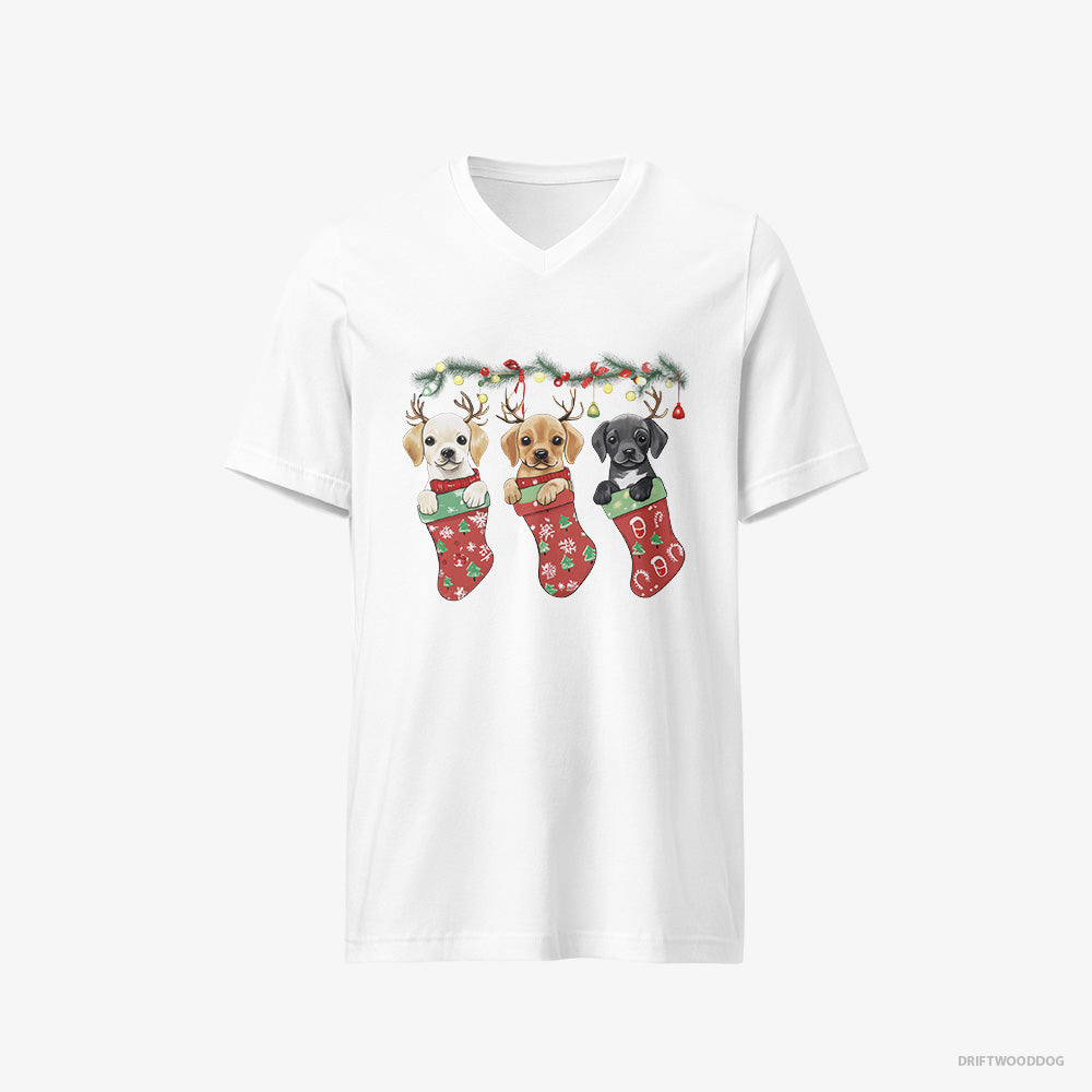 Labrador Retriever Puppies Cuddled in Christmas Stockings V-Neck T-Shirt