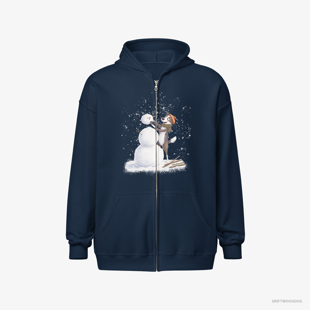 Border Collie Hoodie – Men Navy Hoodie Full-Zip – Forming a Snowman (on White Background)