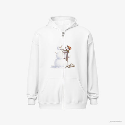 Border Collie Hoodie – Men White Hoodie Full-Zip – Forming a Snowman (on White Background)