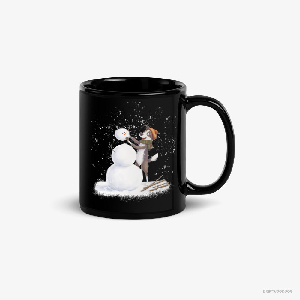 Border Collie Mug – Unisex Black Mug Classic – Forming a Snowman (on White Background)