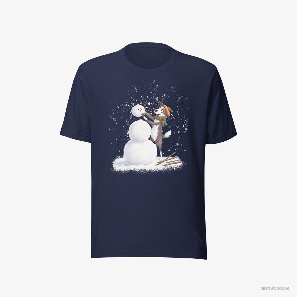 Border Collie T-Shirt – Women Navy T-Shirt Eco-Friendly – Forming a Snowman (on White Background)