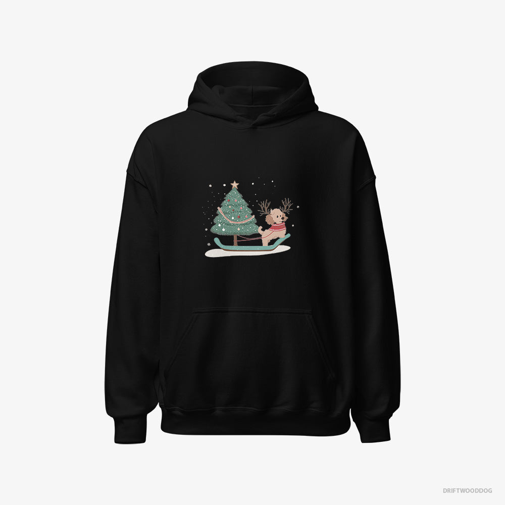 Poodle Hoodie – Men Black Hoodie Classic – with a Christmas Tree on a Sled (on White Background)