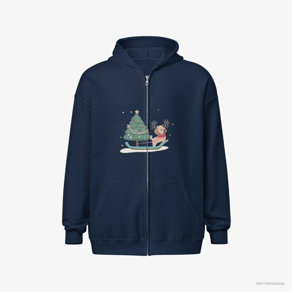 Poodle Hoodie – Men Navy Hoodie Full-Zip – with a Christmas Tree on a Sled (on White Background)