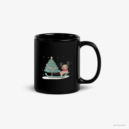 Poodle Mug – Unisex Black Mug Classic – with a Christmas Tree on a Sled (on White Background)