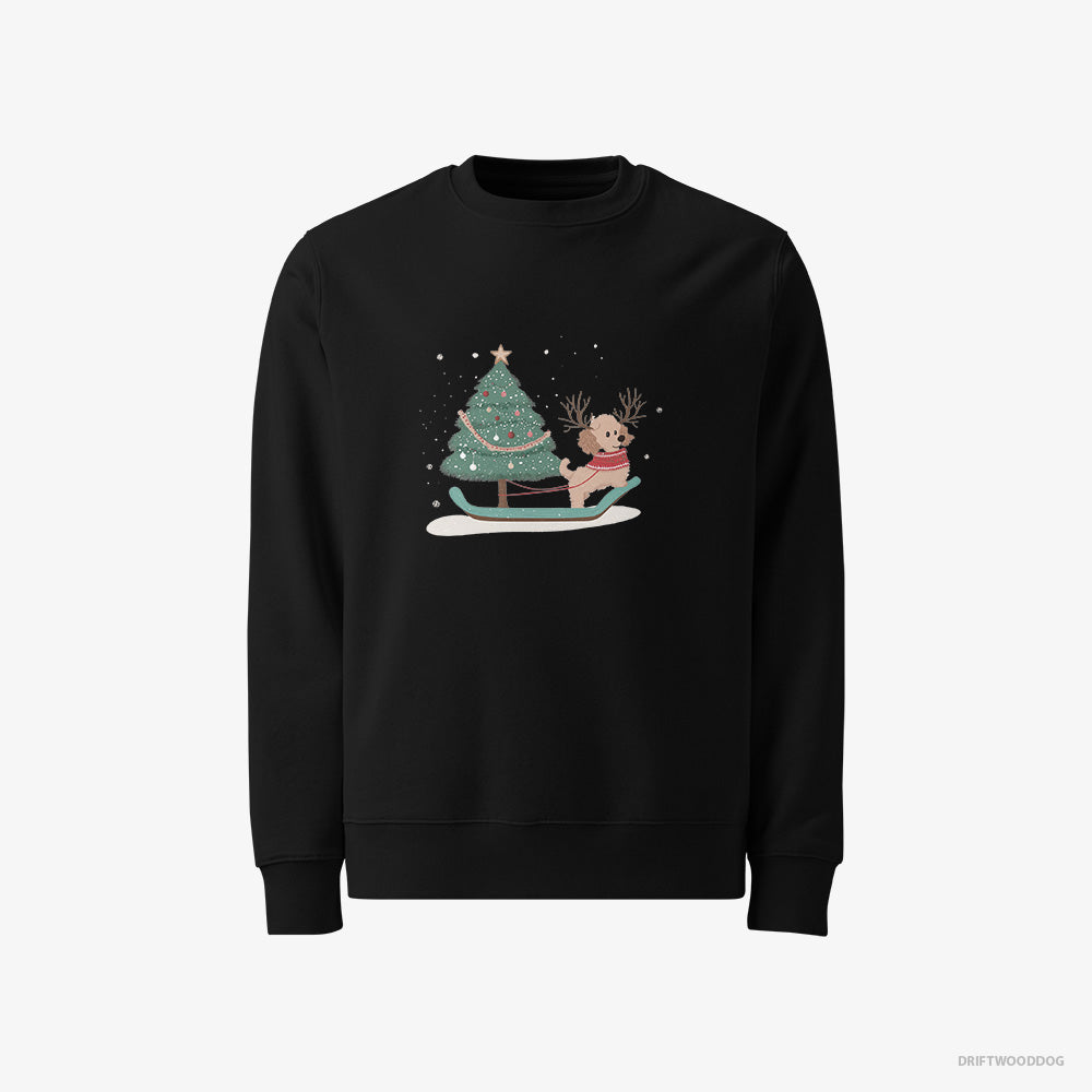 Poodle Sweatshirt – Men Black Sweatshirt Classic – with a Christmas Tree on a Sled (on White Background)