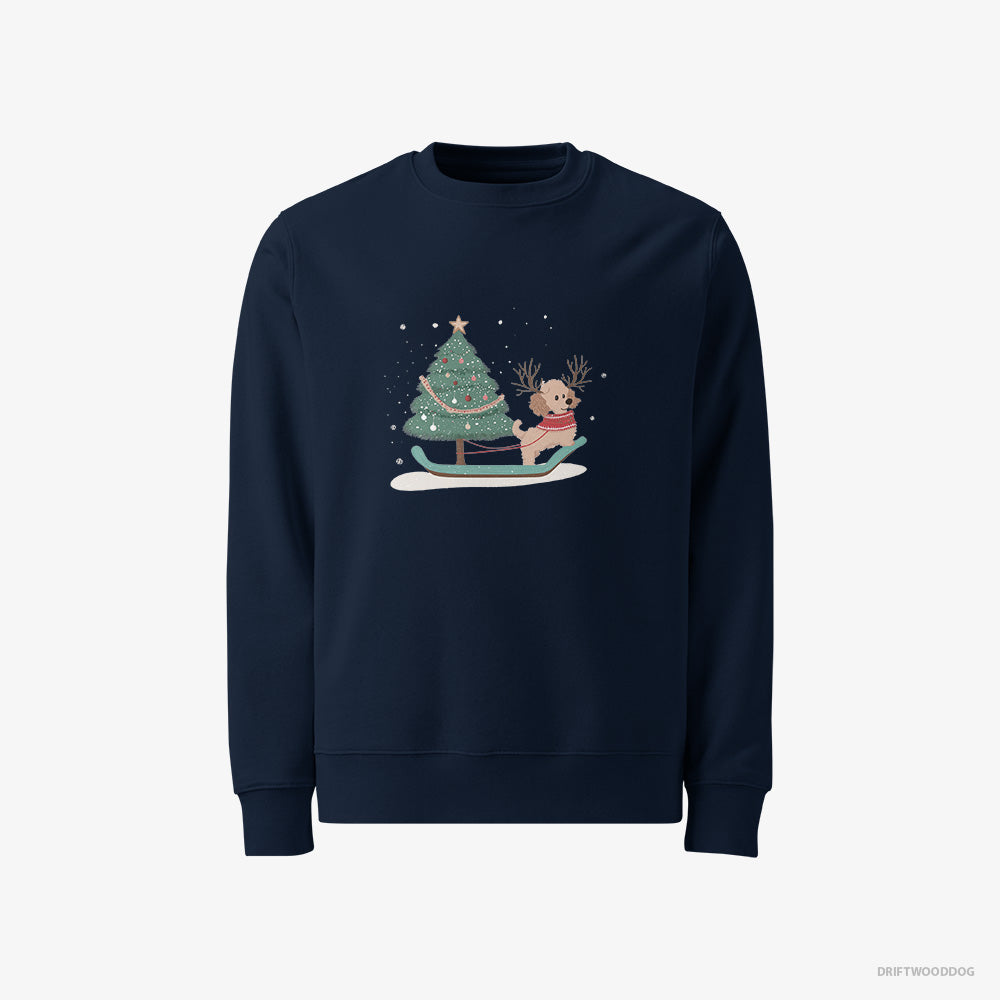 Poodle Sweatshirt – Men Navy Sweatshirt Classic – with a Christmas Tree on a Sled (on White Background)