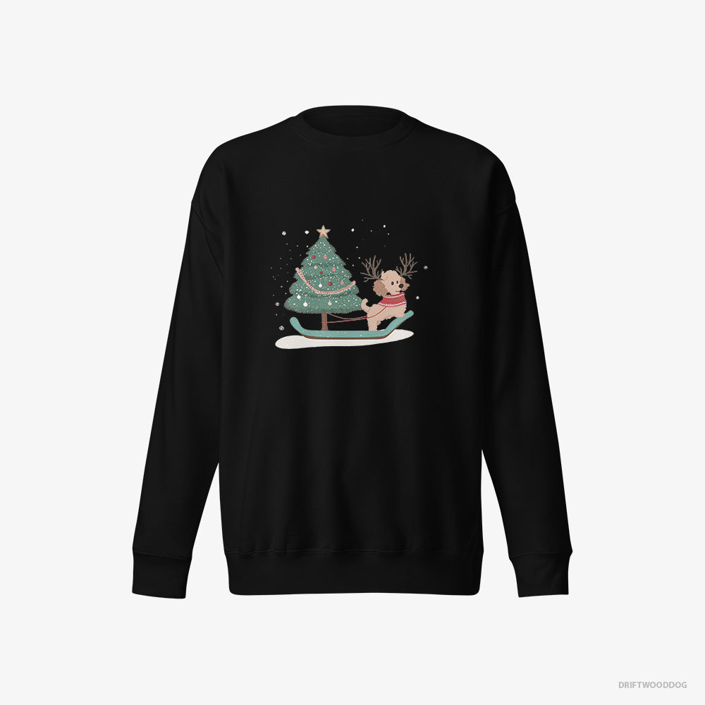 Poodle Sweatshirt – Women Black Sweatshirt Eco-Friendly – with a Christmas Tree on a Sled (on White Background)