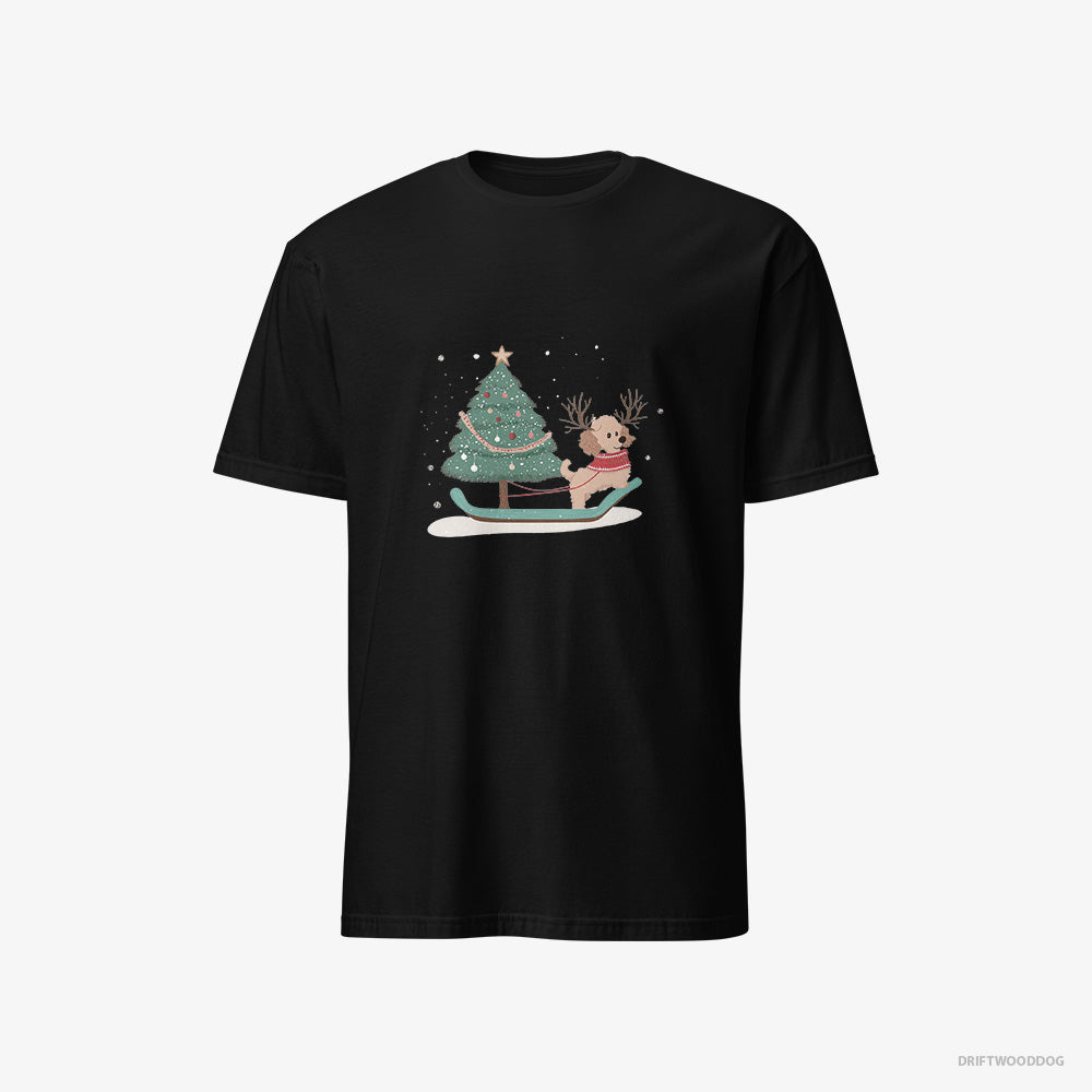 Poodle T-Shirt – Men Black T-Shirt Classic – with a Christmas Tree on a Sled (on White Background)