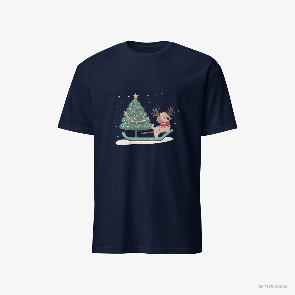 Poodle T-Shirt – Women Navy T-Shirt Classic – with a Christmas Tree on a Sled (on White Background)