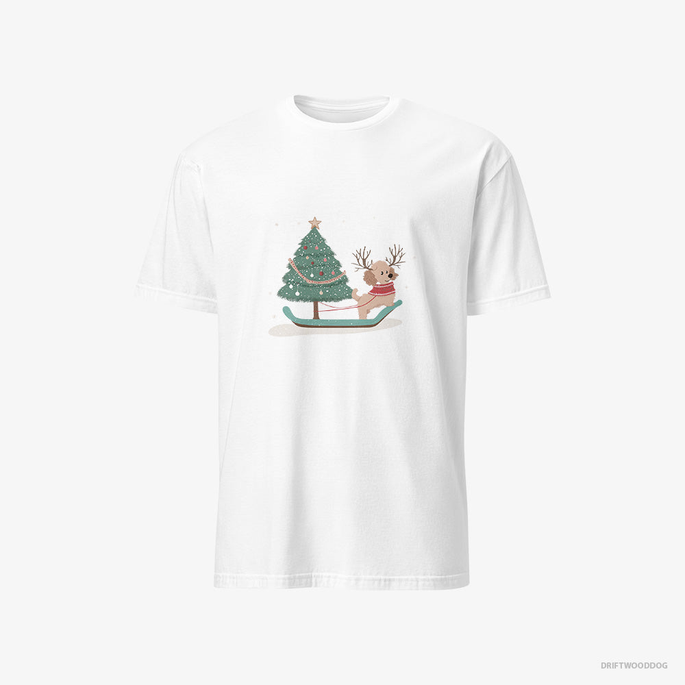 Poodle T-Shirt – Men White T-Shirt Classic – with a Christmas Tree on a Sled (on White Background)