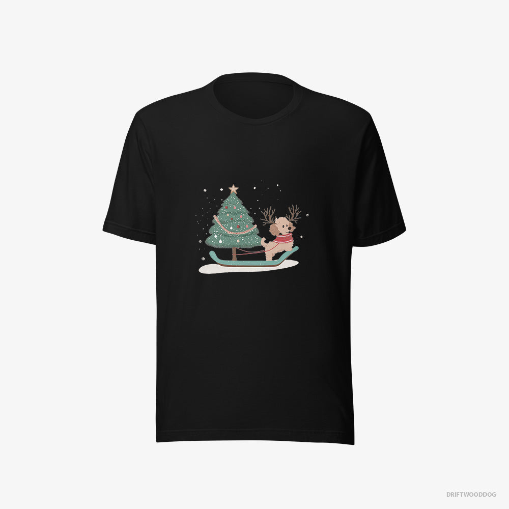 Poodle T-Shirt – Men Black T-Shirt Eco-Friendly – with a Christmas Tree on a Sled (on White Background)