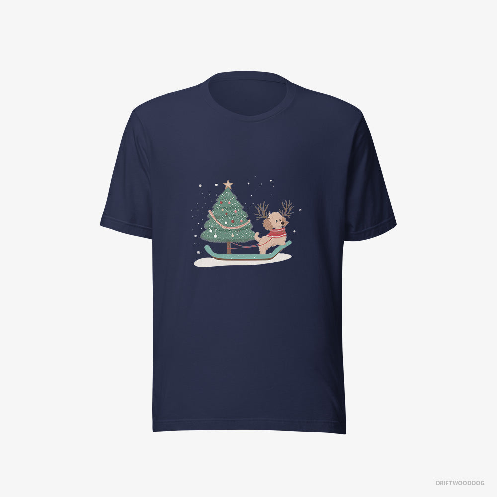 Poodle T-Shirt – Men Navy T-Shirt Eco-Friendly – with a Christmas Tree on a Sled (on White Background)