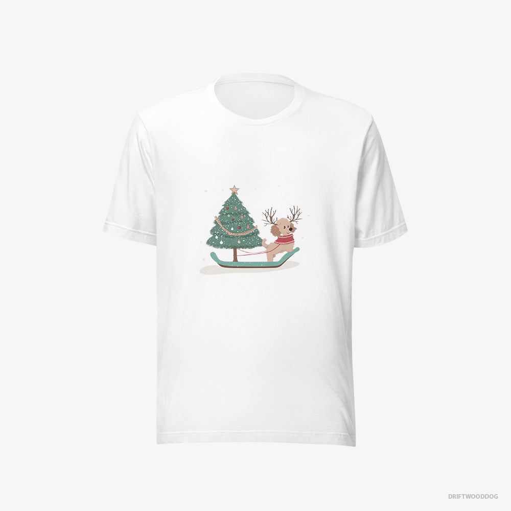 Poodle T-Shirt – Men White T-Shirt Eco-Friendly – with a Christmas Tree on a Sled (on White Background)