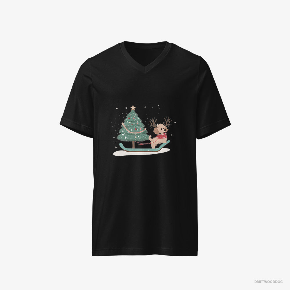 Poodle T-Shirt – Men Black T-Shirt V-Neck – with a Christmas Tree on a Sled (on White Background)