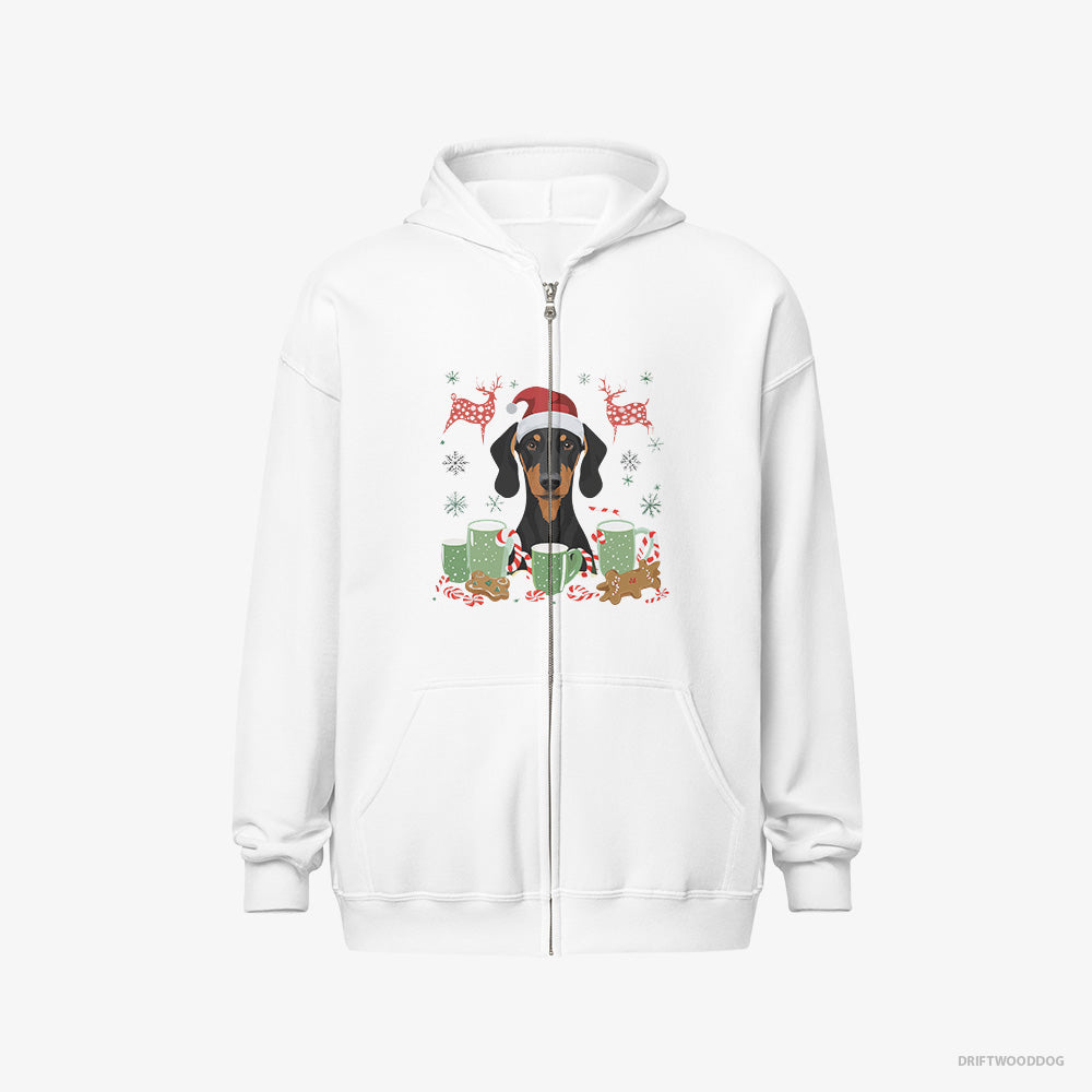 Dobermann Hoodie – Men White Hoodie Full-Zip – in a Winter Holiday Theme (on White Background)