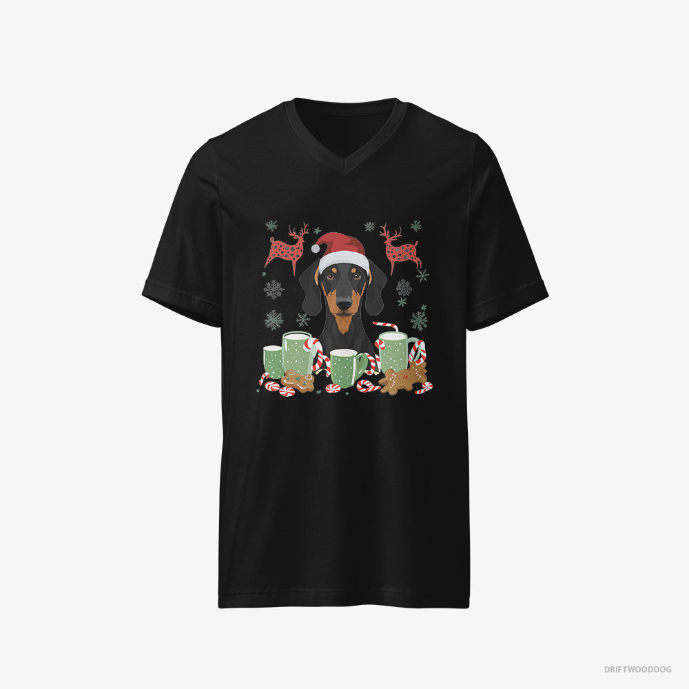 Dobermann T-Shirt – Men Black T-Shirt V-Neck – in a Winter Holiday Theme (on White Background)