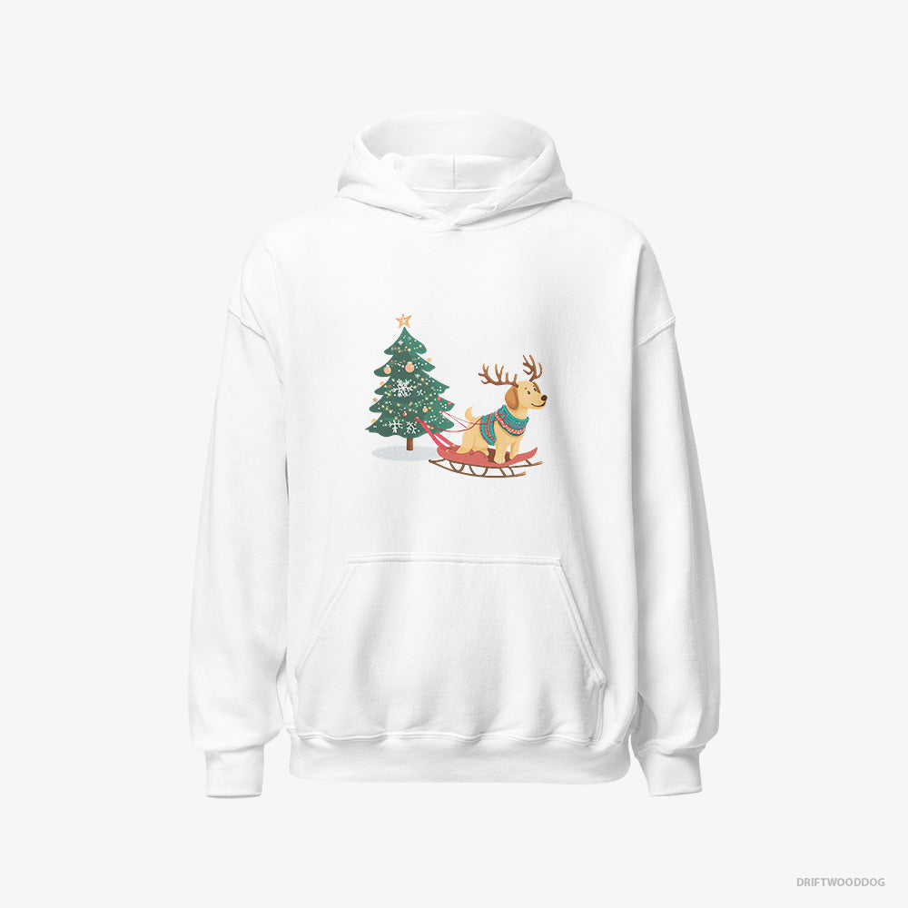 Labrador Retriever Hoodie – Men White Hoodie Classic – Towing a Christmas Tree on a Sled (on White Background)