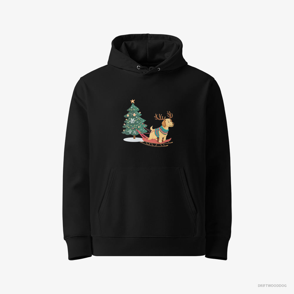 Labrador Retriever Hoodie – Men Black Hoodie Eco-Friendly – Towing a Christmas Tree on a Sled (on White Background)