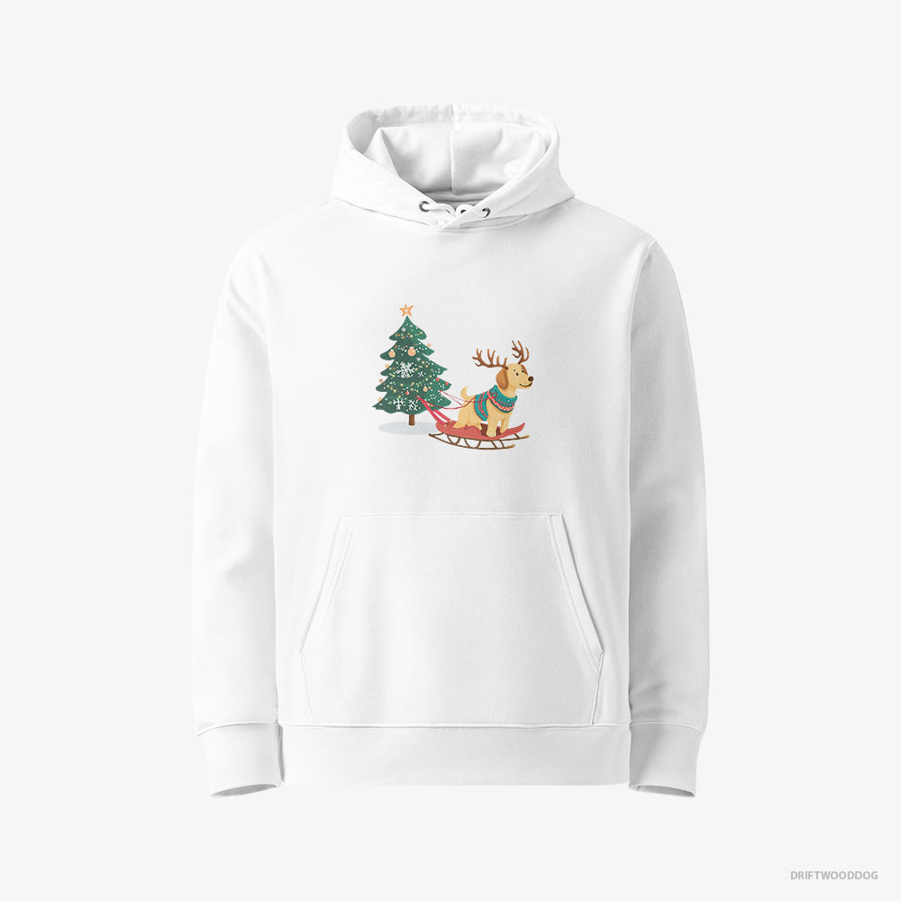 Labrador Retriever Hoodie – Women White Hoodie Eco-Friendly – Towing a Christmas Tree on a Sled (on White Background)