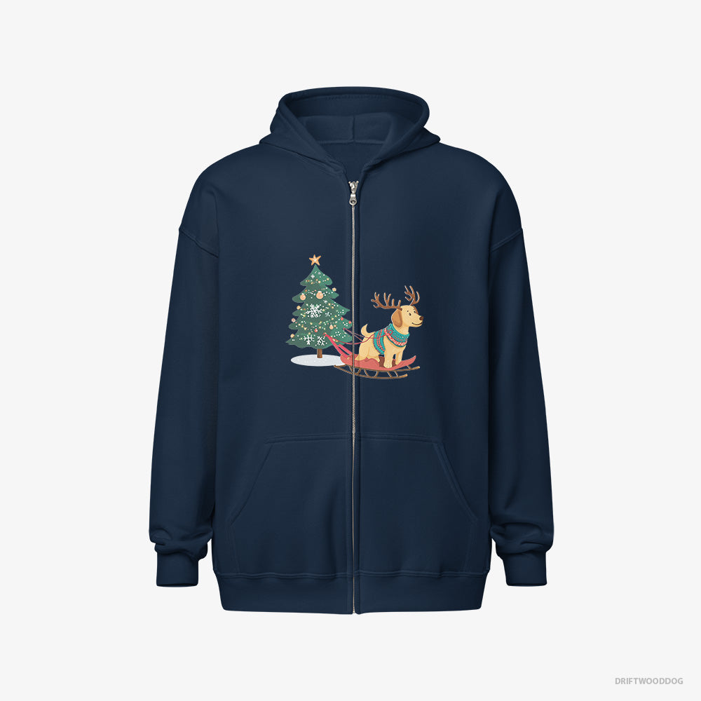 Labrador Retriever Hoodie – Men Navy Hoodie Full-Zip – Towing a Christmas Tree on a Sled (on White Background)