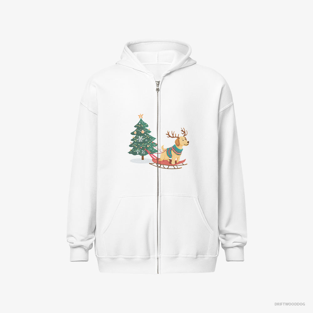 Labrador Retriever Hoodie – Men White Hoodie Full-Zip – Towing a Christmas Tree on a Sled (on White Background)