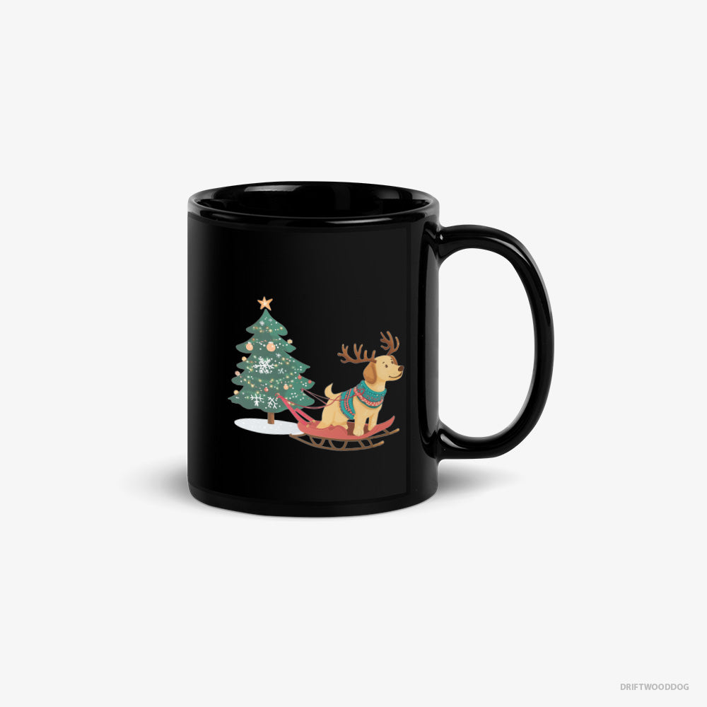 Labrador Retriever Mug – Unisex Black Mug Classic – Towing a Christmas Tree on a Sled (on White Background)